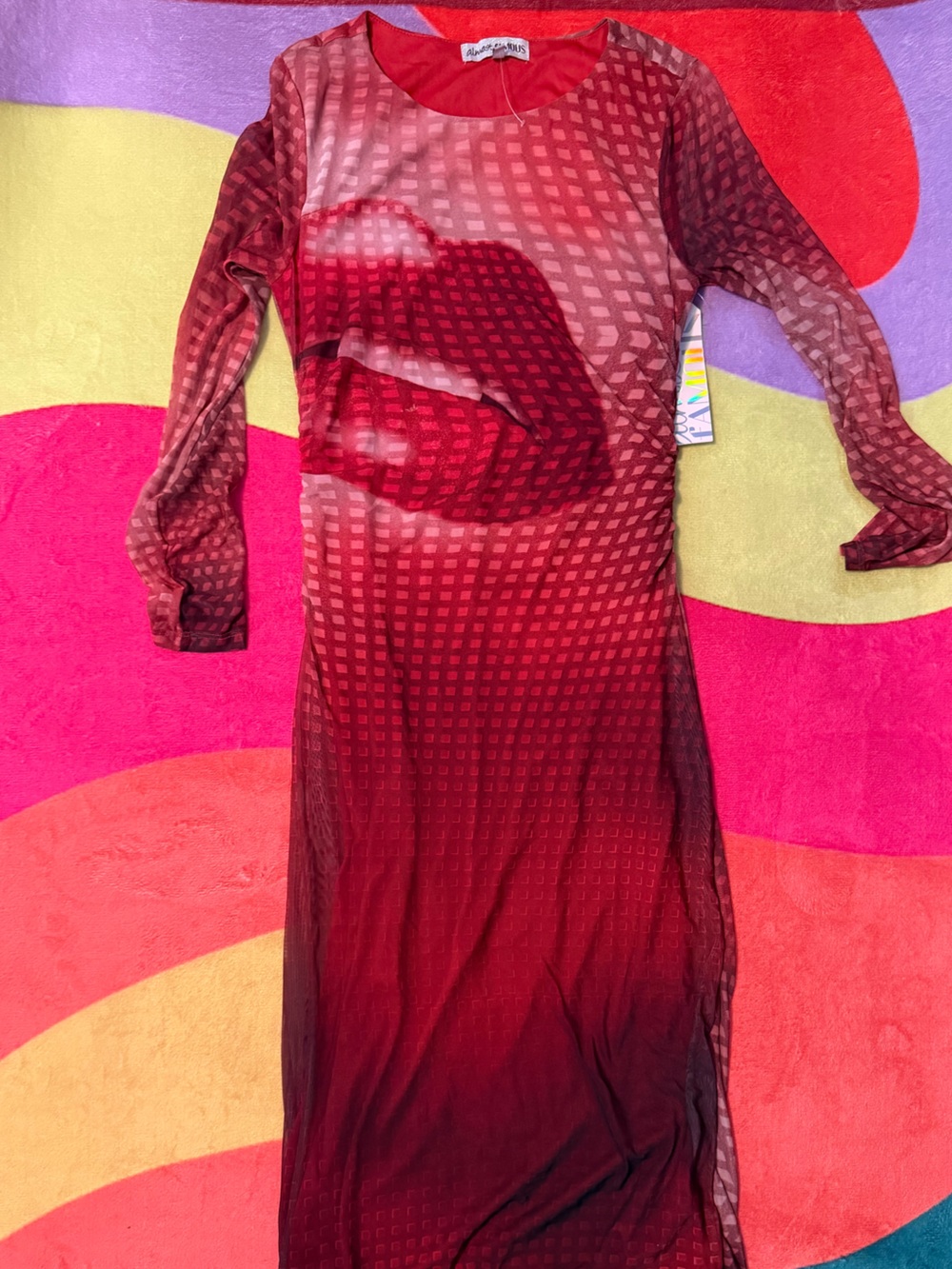 Almost Famous Sheer Lip-Print Mesh Dress in Burgundy